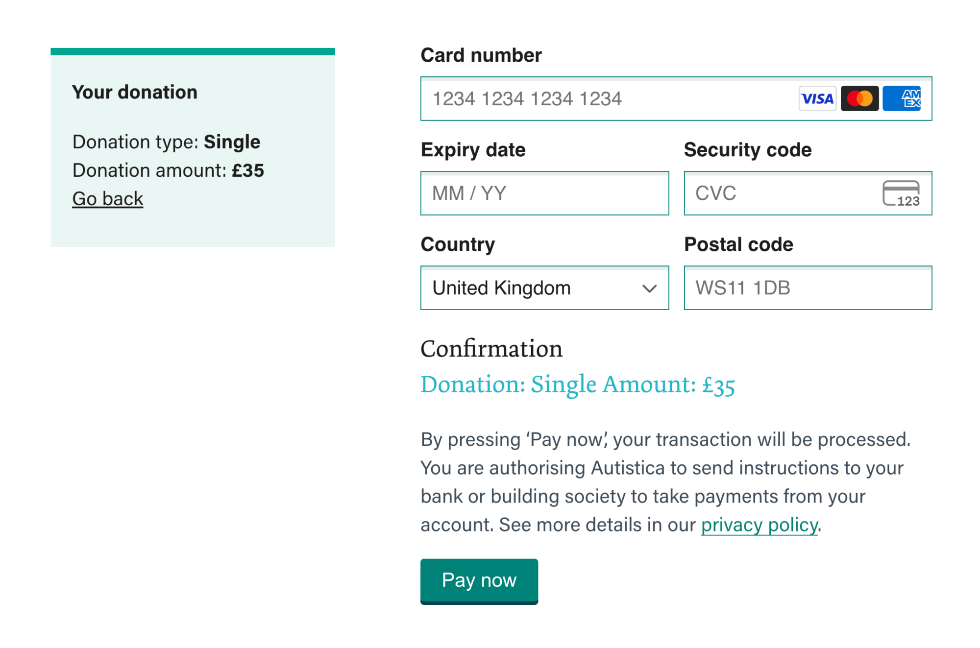 The final step of the Autistica donation form, including the donation type and amount with the option to go back.