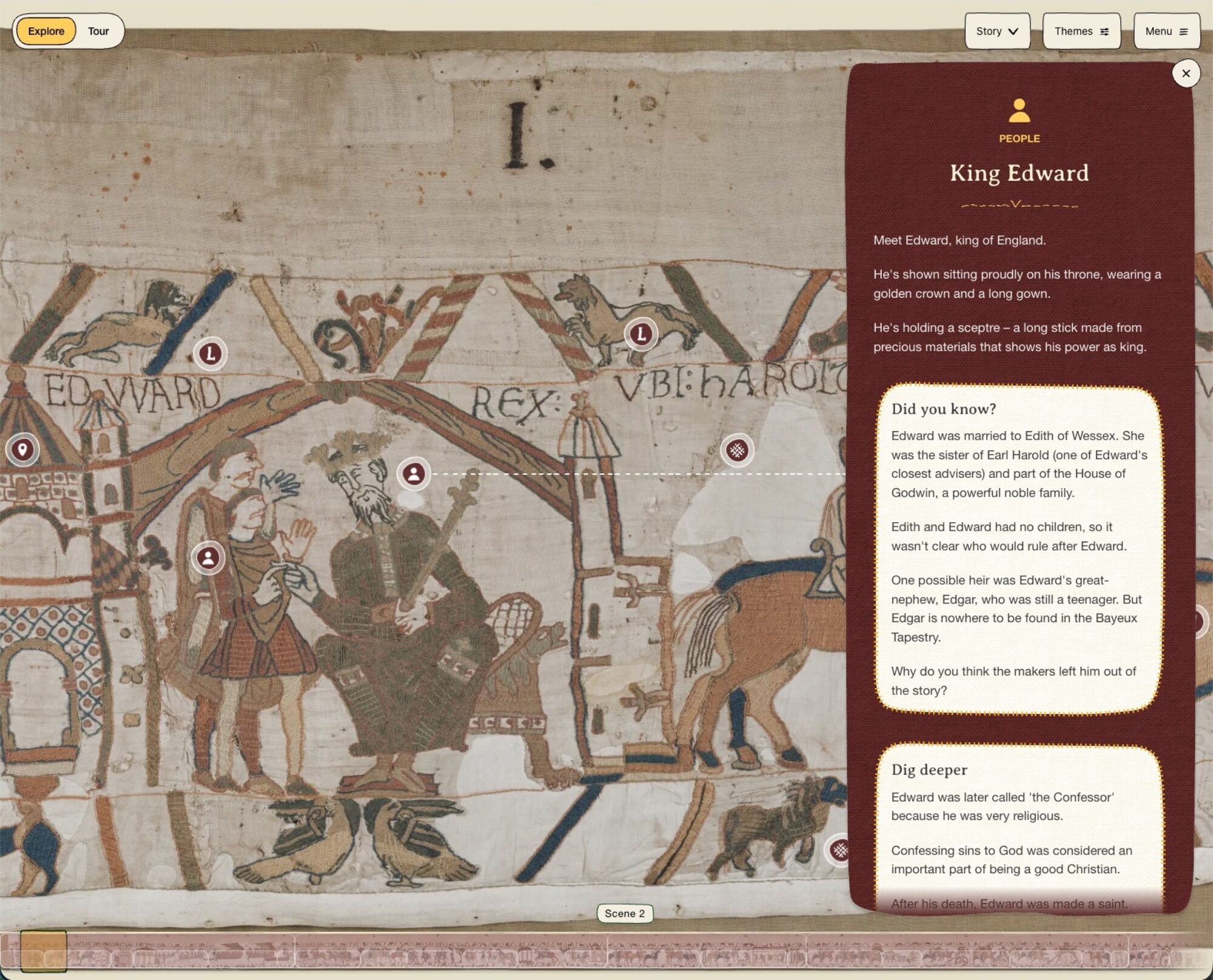 Interactive web interface showing a section of the Bayeux Tapestry depicting King Edward seated on a throne wearing a crown and holding a sceptre while speaking to figures. An overlay panel on the right provides historical information about King Edward.