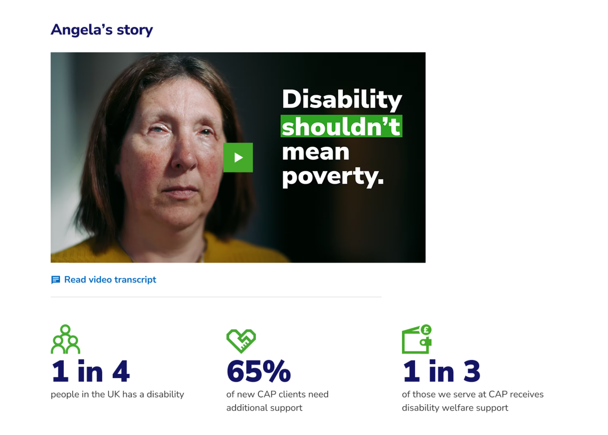 Christians Against Poverty webpage featuring a beneficiary story and broader statistics about the link between disability and poverty.