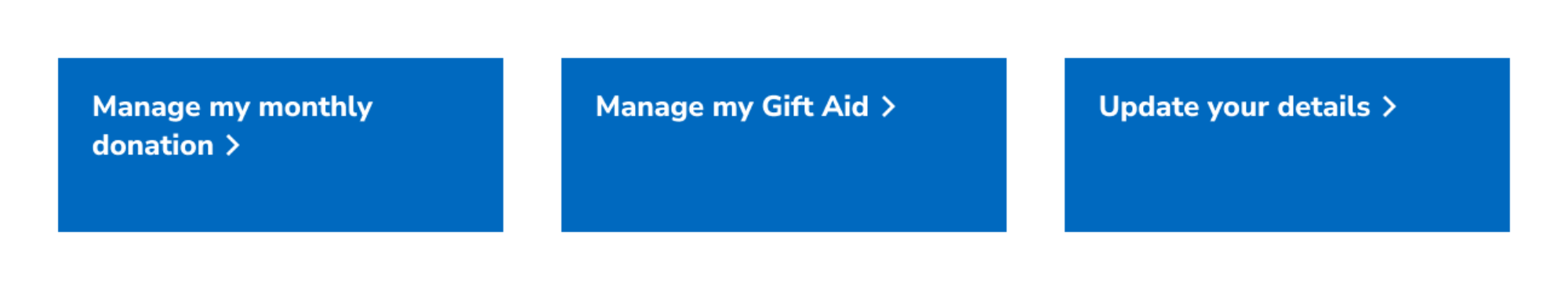 The Christians Against Poverty website showing options for donors to manage their regular donation online, manage Gift Aid or update their details.