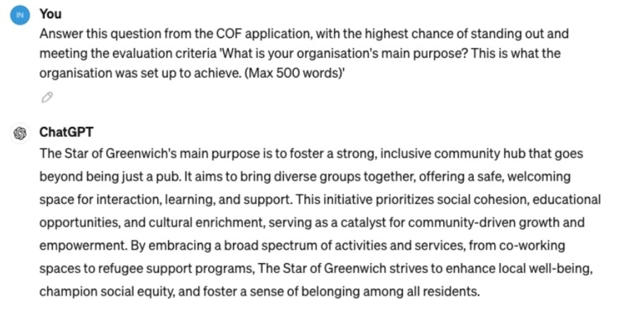 Text response describing the main purpose of The Star of Greenwich as fostering a strong, inclusive community hub beyond being just a pub, aiming to bring diverse groups together and offering a safe, welcoming space for interaction, learning, and support