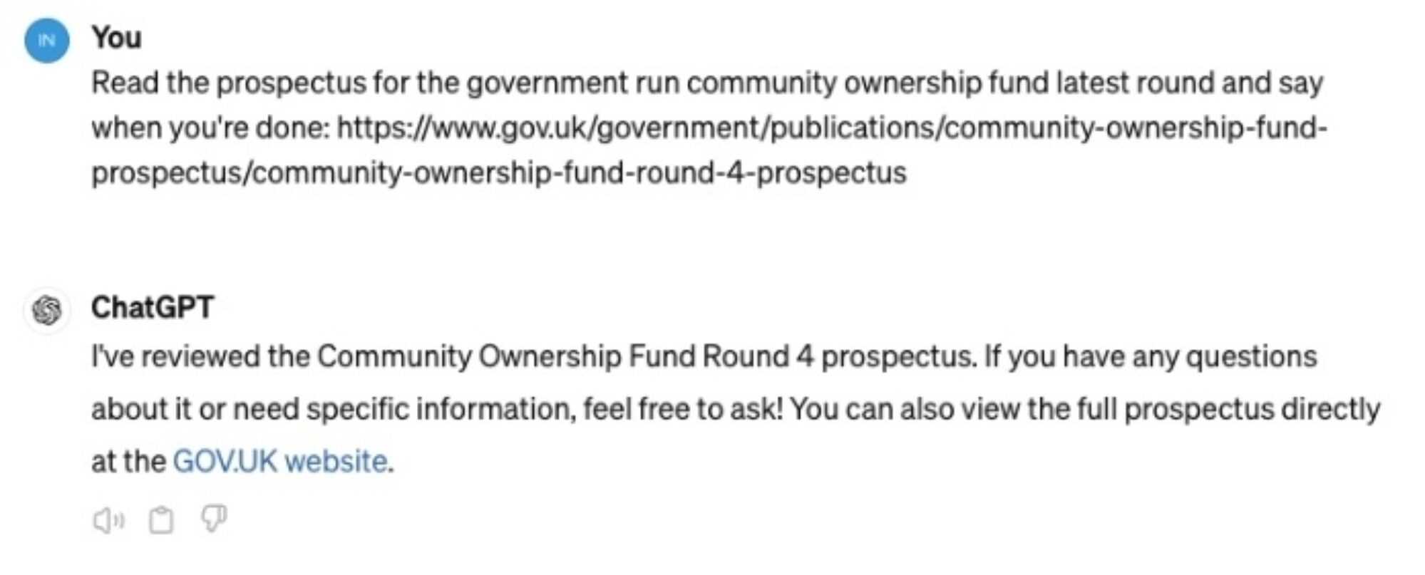 Text response summarizing the review of the Community Ownership Fund Round 4 prospectus, stating availability to provide specific information or answer questions about the prospectus