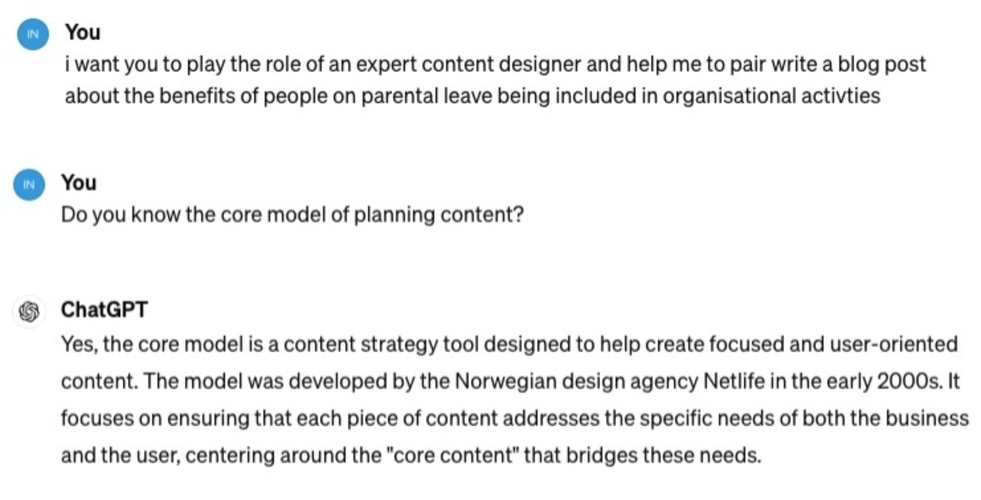 Text response confirming knowledge of the core model of content planning, explaining it as a content strategy tool designed to help create focused and user-oriented content, developed by the Norwegian design agency Netlife in the early 2000s