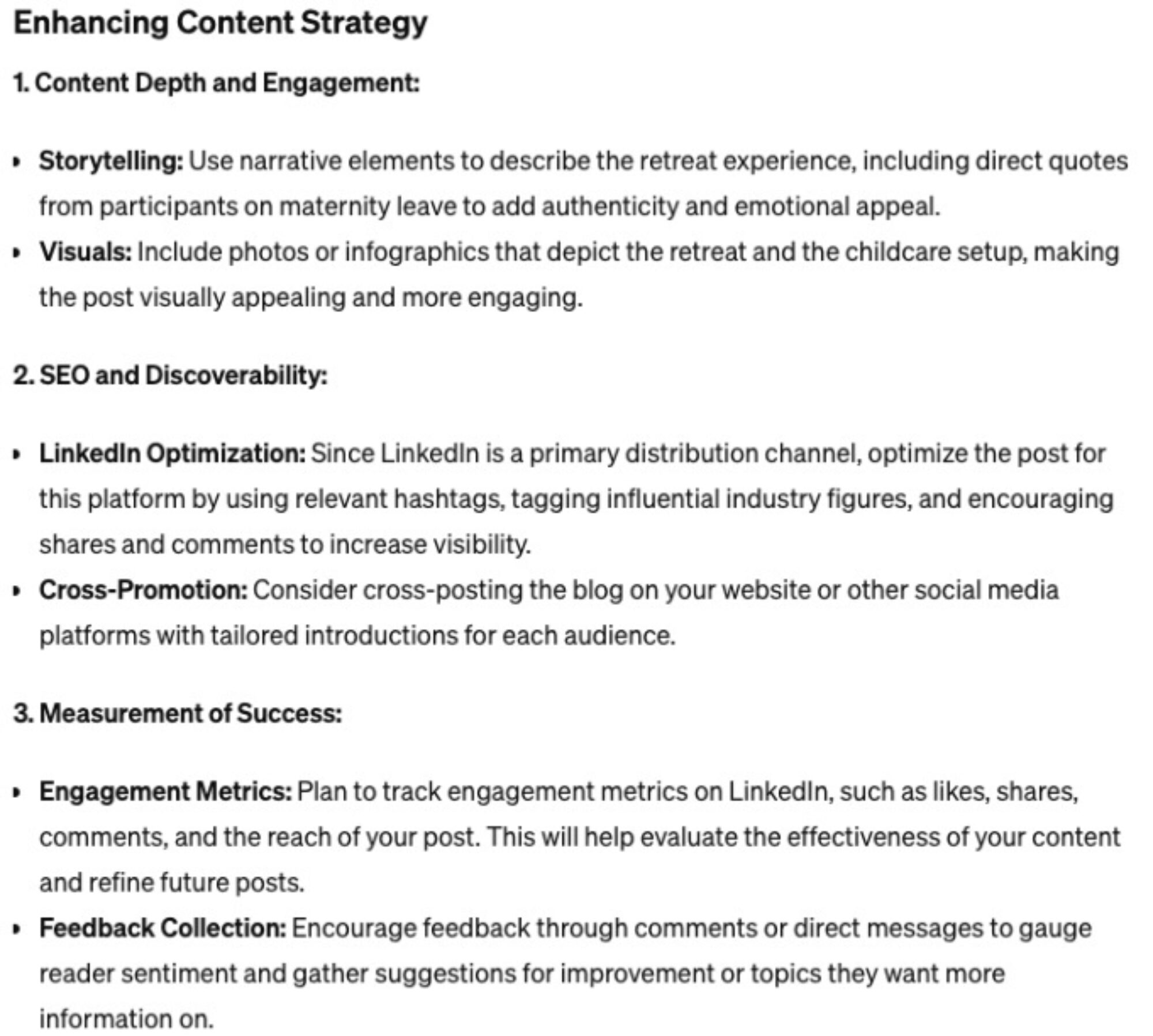 Text outlining strategies to enhance content depth and engagement, including storytelling, visuals, SEO and discoverability, and measurement of success for LinkedIn optimization.