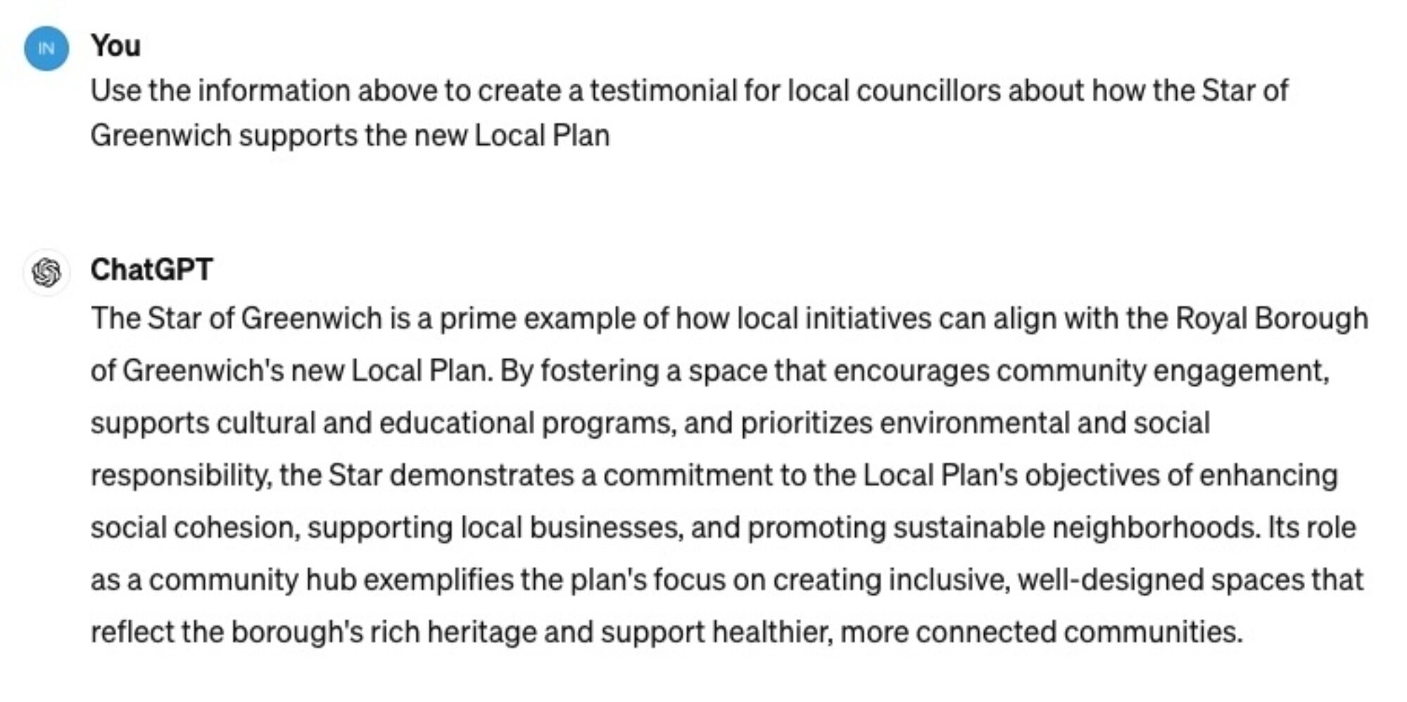 Text response creating a testimonial for local councillors about how the Star of Greenwich supports the new Local Plan by fostering community engagement, supporting cultural and educational programs, and prioritizing environmental and social responsibility