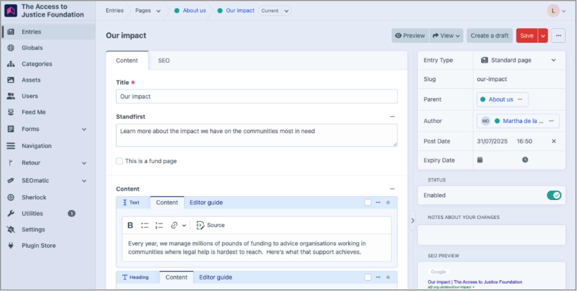 Screenshot of a dashboard with the menu in a left sidebar. There’s a text field with a toolbar at the top for styling the text.