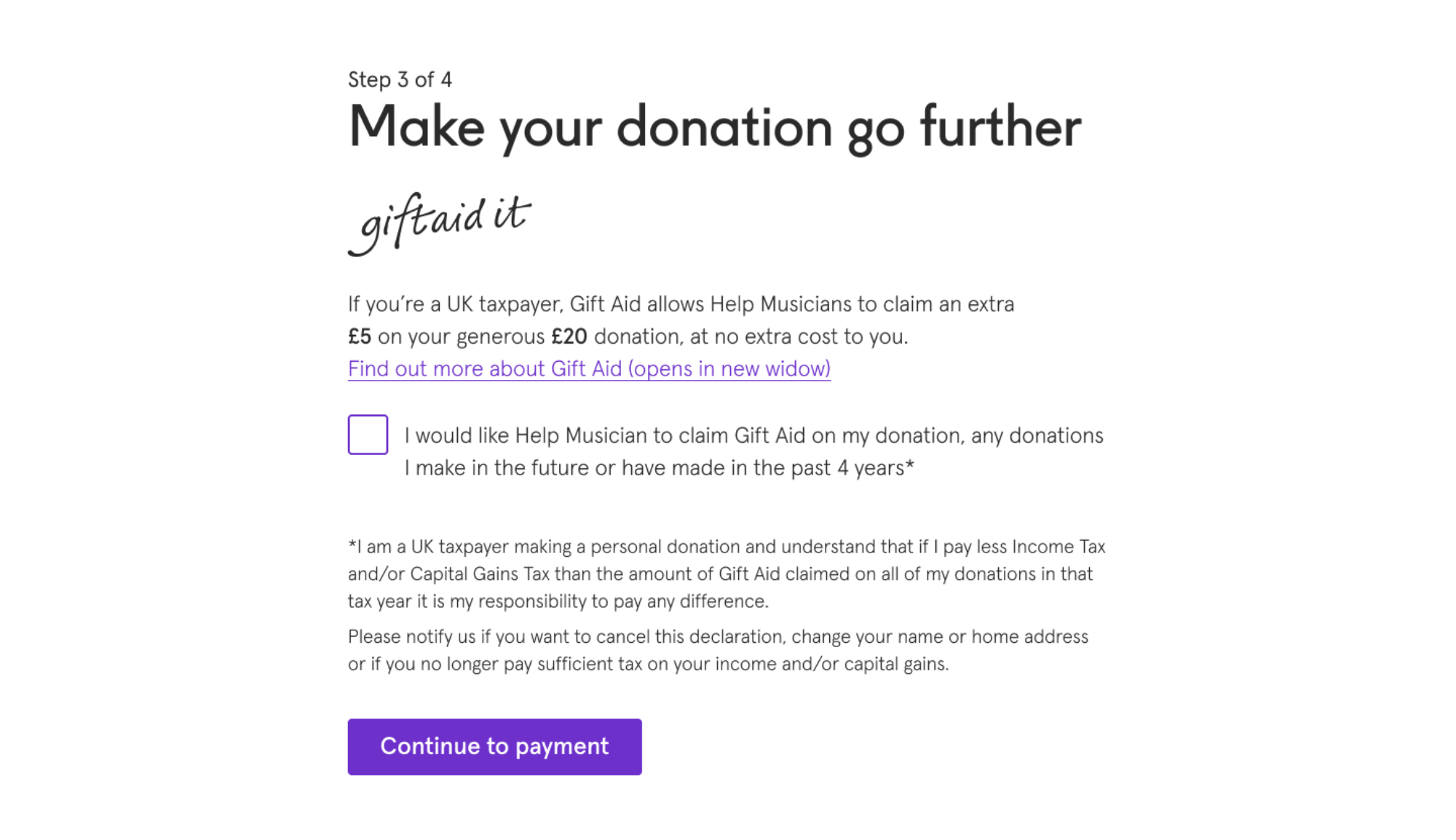 The Gift Aid step from the Help Musicians donation form, including a summary of Gift Aid, what it means for this specific transaction and a link to find out more.