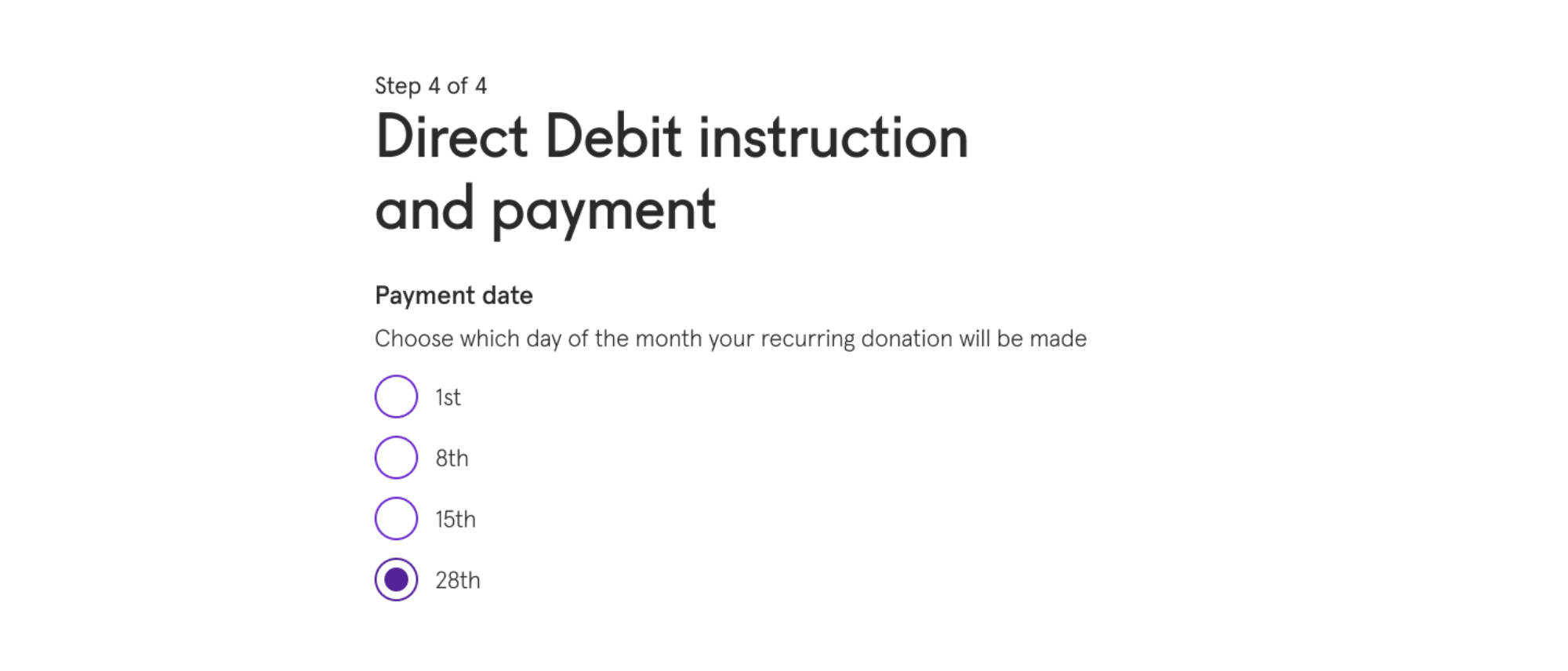 The Help Musicians donation form showing four options throughout the month (1st, 8th, 15th and 28th) for Direct Debit payments