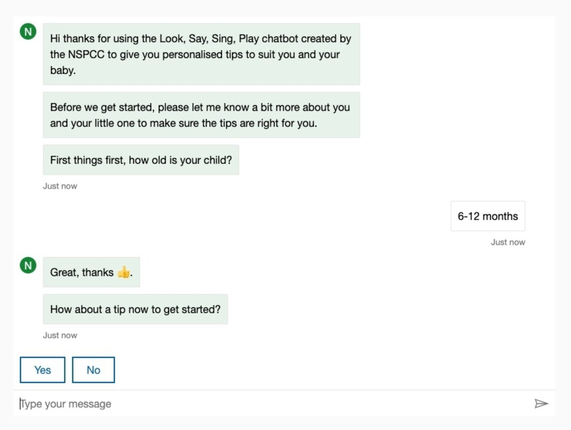"A chatbot conversation on a messaging platform from the NSPCC's 'Look, Say, Sing, Play' initiative. The chatbot welcomes the user and asks about their child's age to provide personalised parenting tips. The user selects '6-12 months,' and the chatbot responds with appreciation and offers a tip to get started. Two response options, 'Yes' and 'No,' are displayed at the bottom."