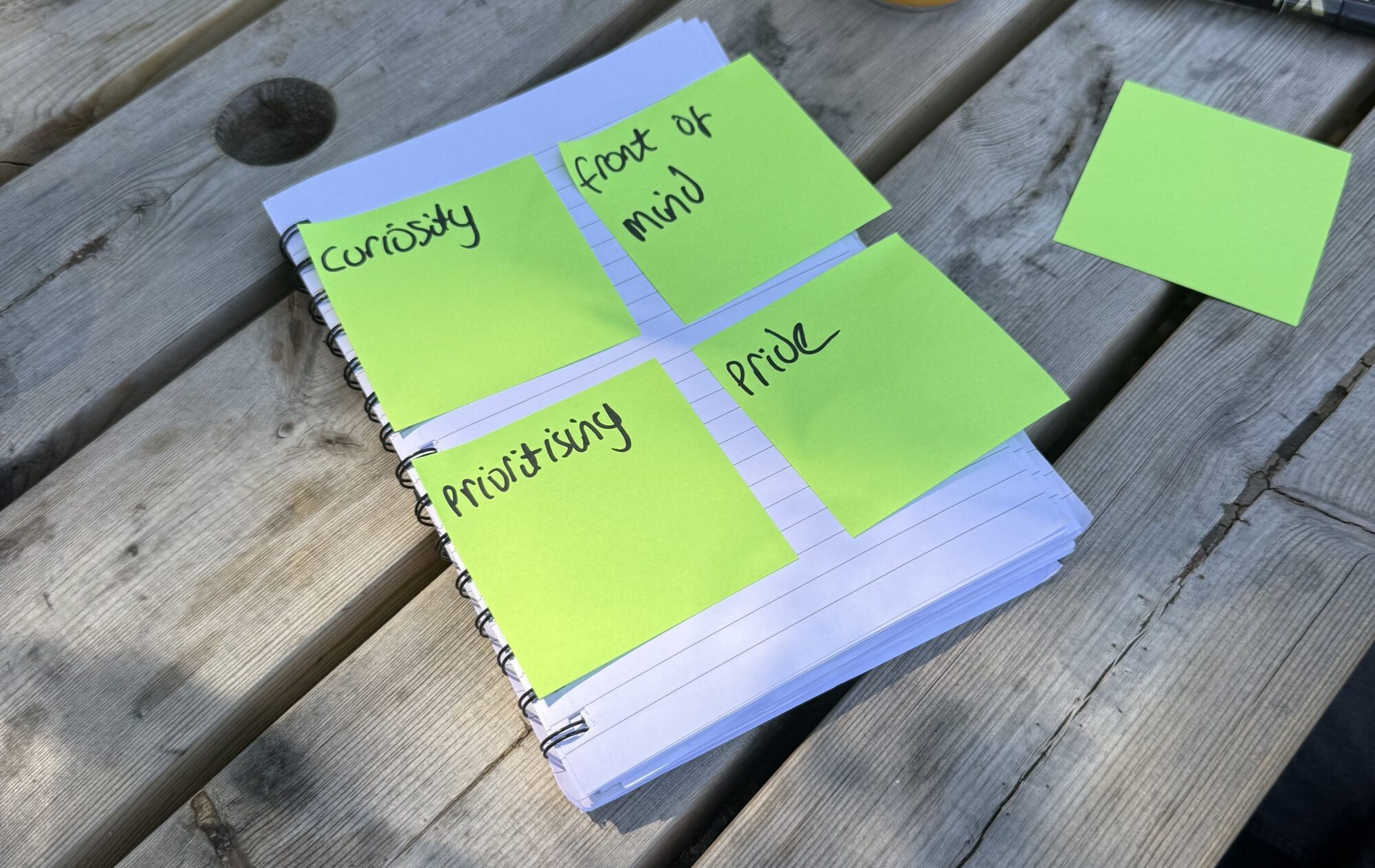 Post its on what makes good buy in: Curiosity, prioritisation, pride and keeping things front of mind