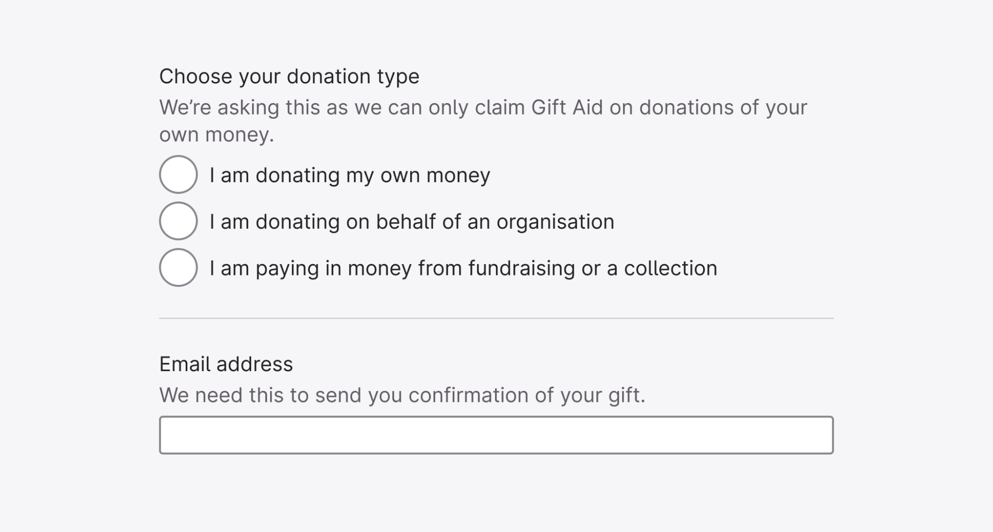 The Royal Free Charity form with a field to choose your donation type, including help text to explain why this question is being asked.