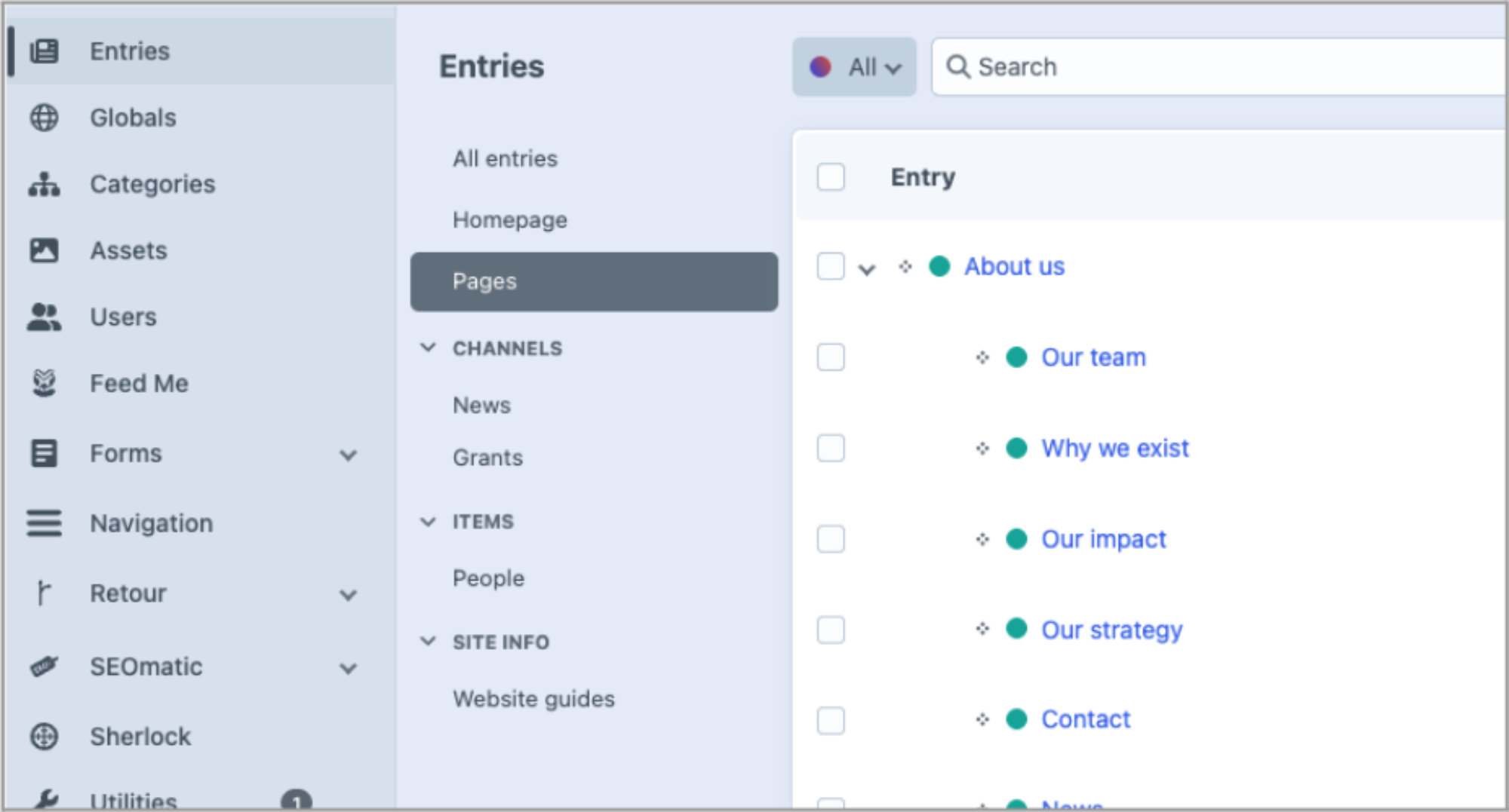 Screenshot of a dashboard with tabs labelled ‘All entries’, ‘Homepage’, ‘Pages’, ‘News’, ‘Grants’, ‘People’ and ‘Website guides’.