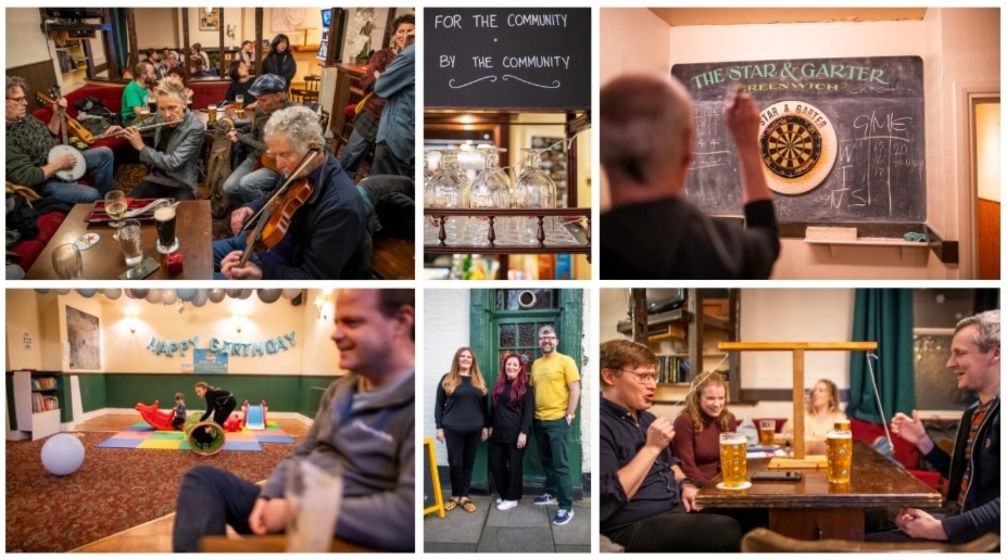 Collage of images showing various community activities inside The Star of Greenwich pub, including people enjoying music, a birthday party, and patrons engaging in conversation while enjoying drinks