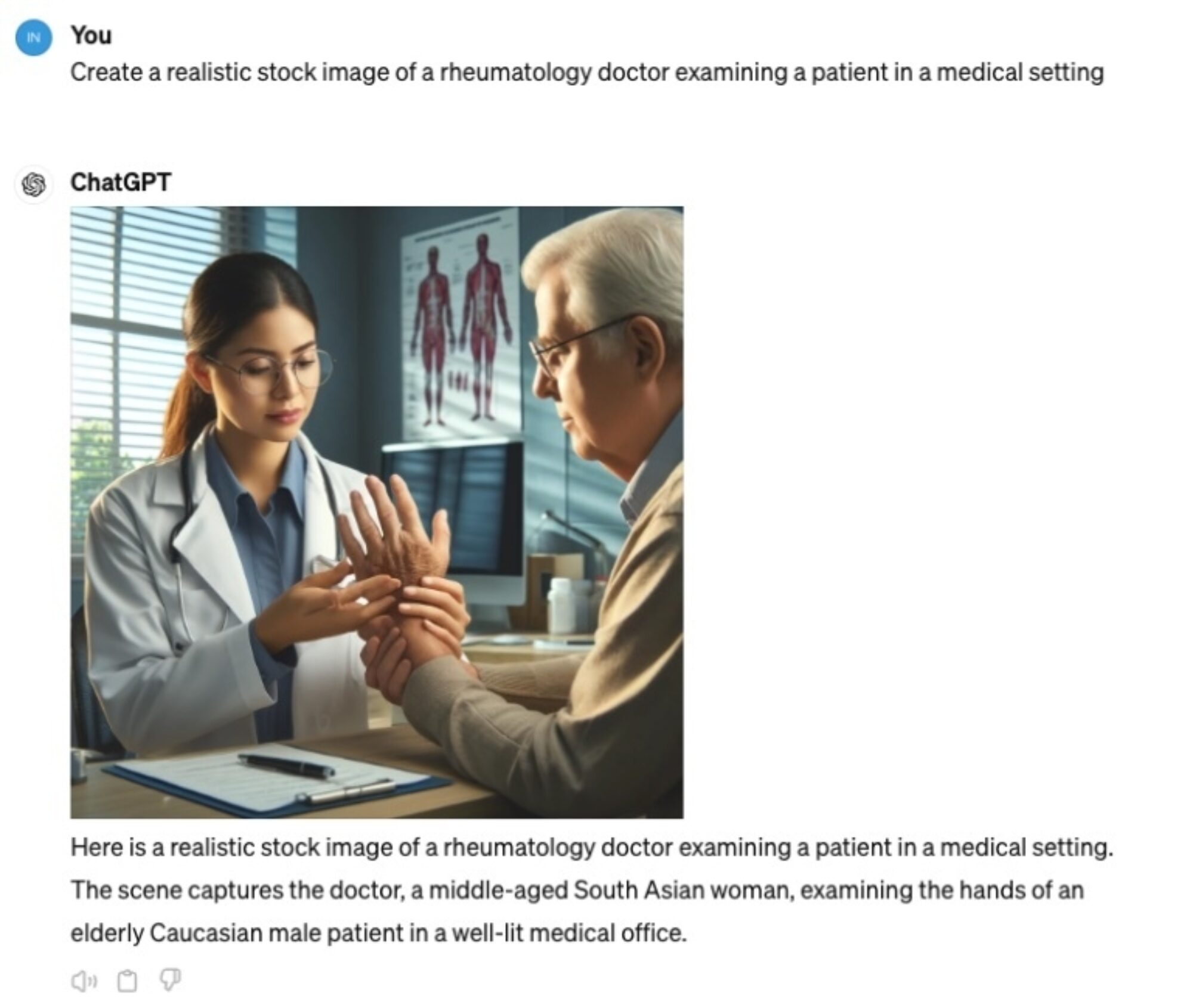 A realistic stock image of a rheumatology doctor examining a patient in a medical setting. The scene features a doctor, a middle-aged South Asian woman, examining the hands of an elderly Caucasian male patient in a well-lit medical office