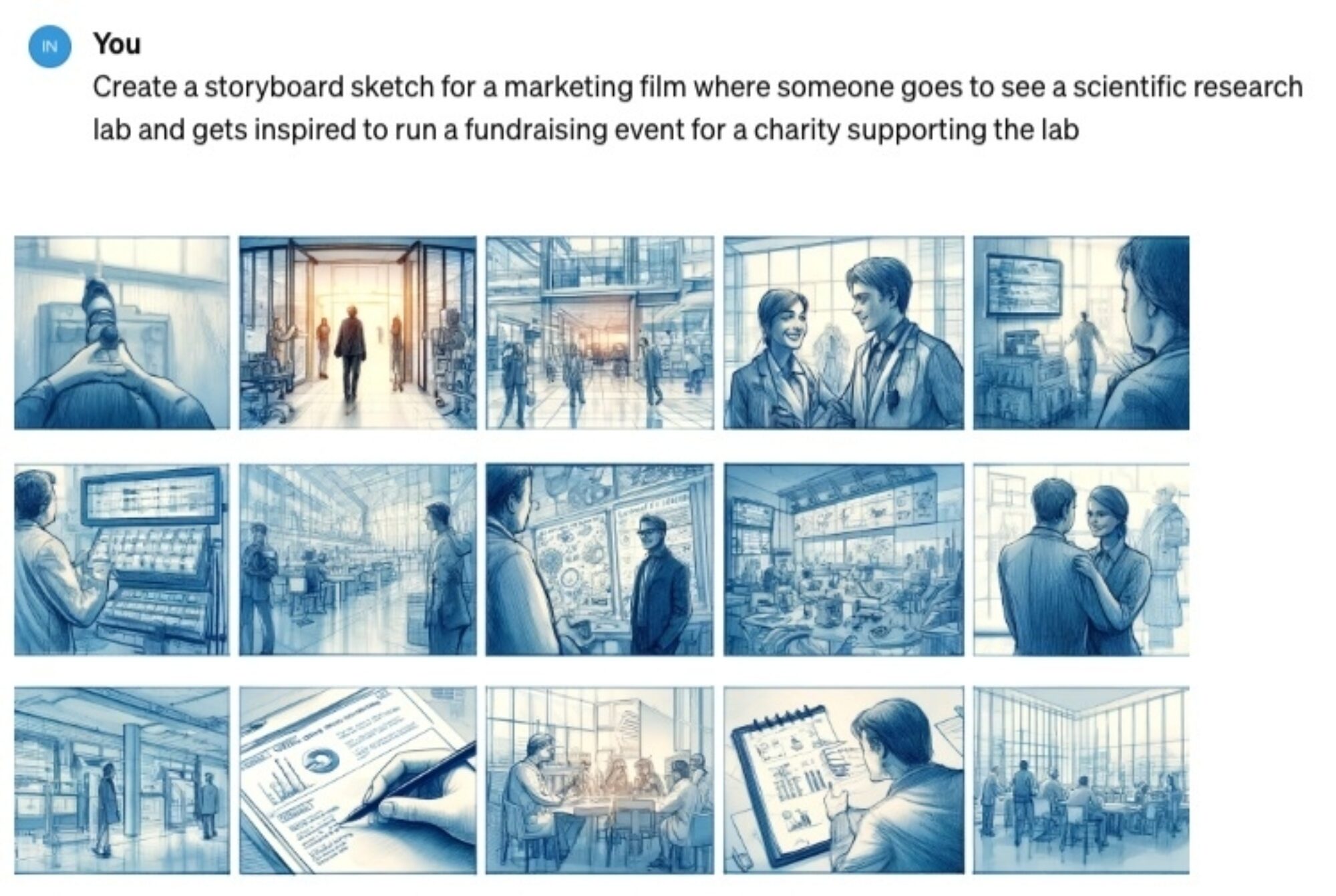 A storyboard sketch for a marketing film, displayed in a series of blue-toned panels, depicting various scenes where a person visits a scientific research lab and gets inspired to organize a fundraising event for a charity supporting the lab.