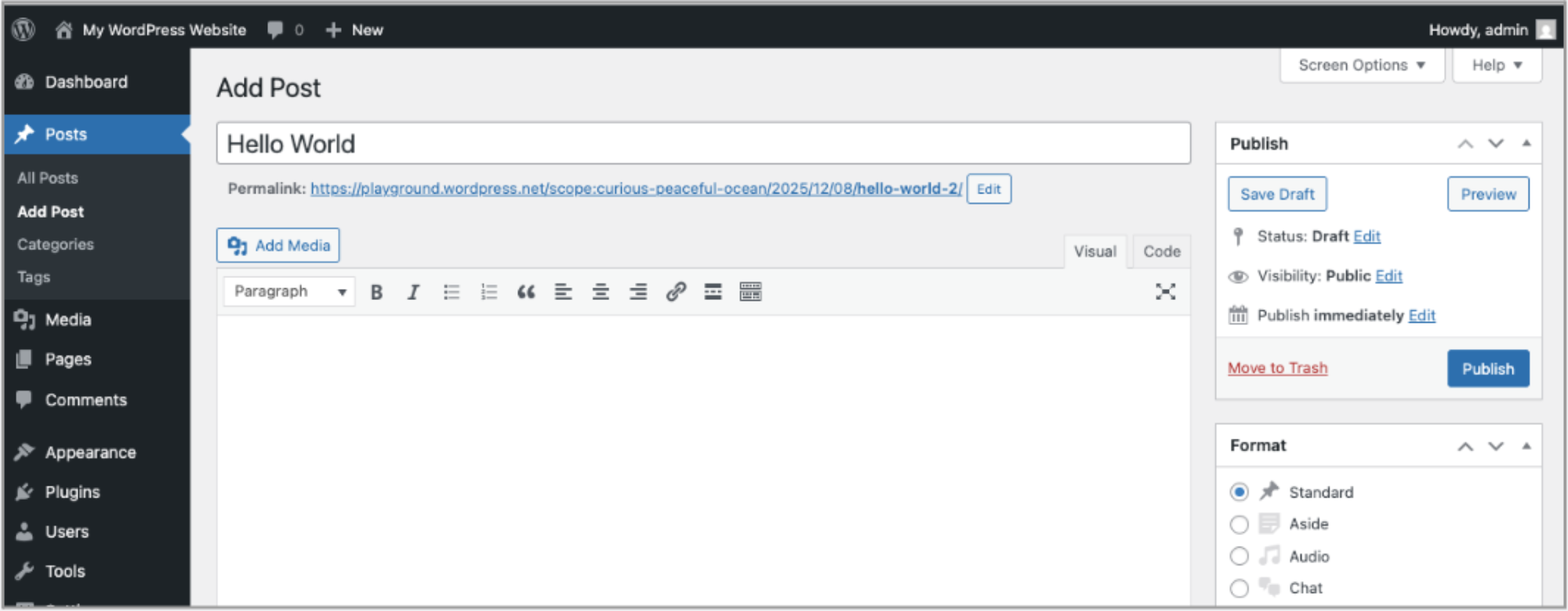 Screenshot of a dashboard with the menu in a left sidebar. There’s a text field with a toolbar at the top for styling the text.