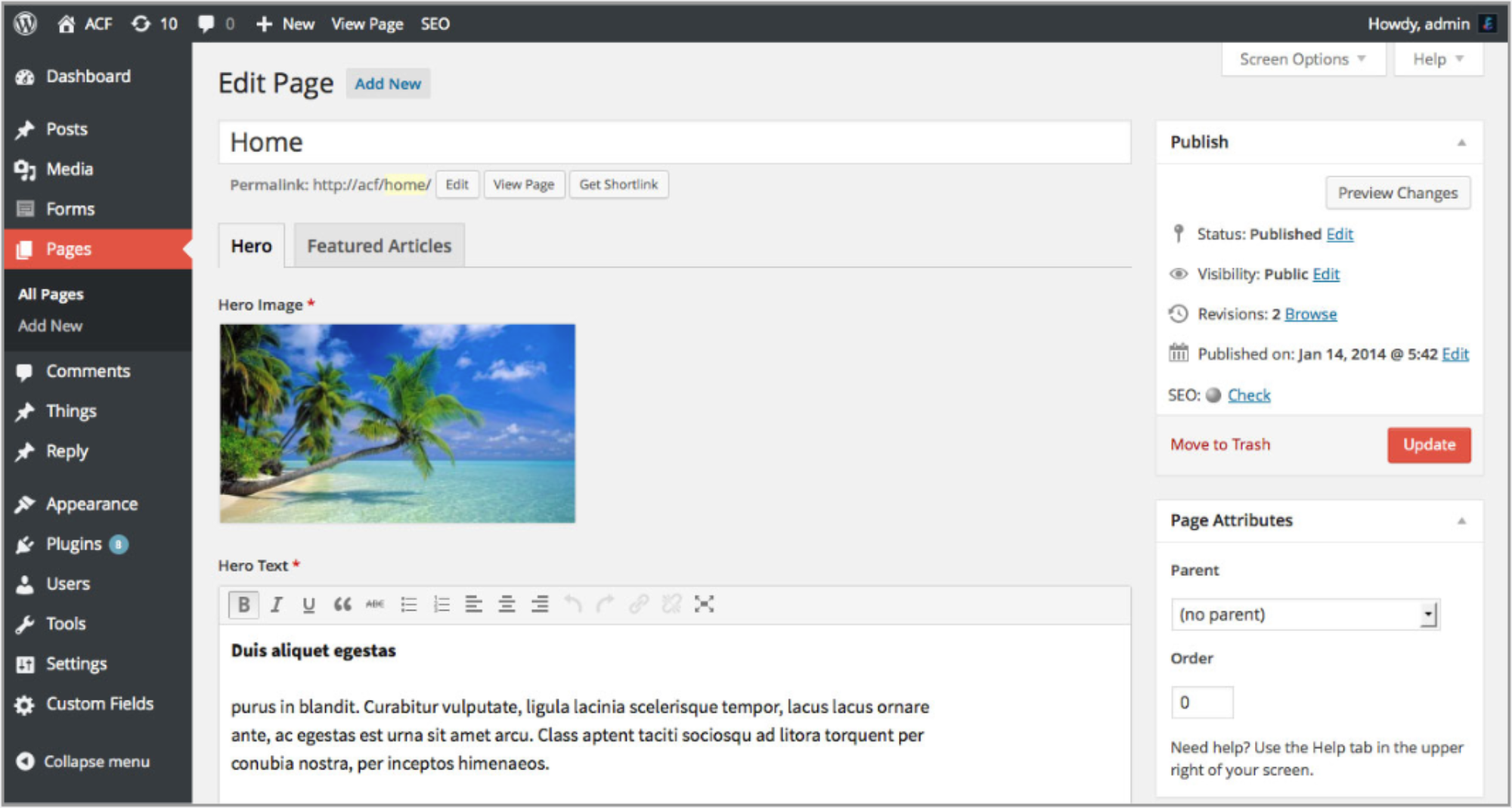Screenshot of a dashboard with the menu in a left sidebar. There’s a text field with a toolbar at the top for styling the text.