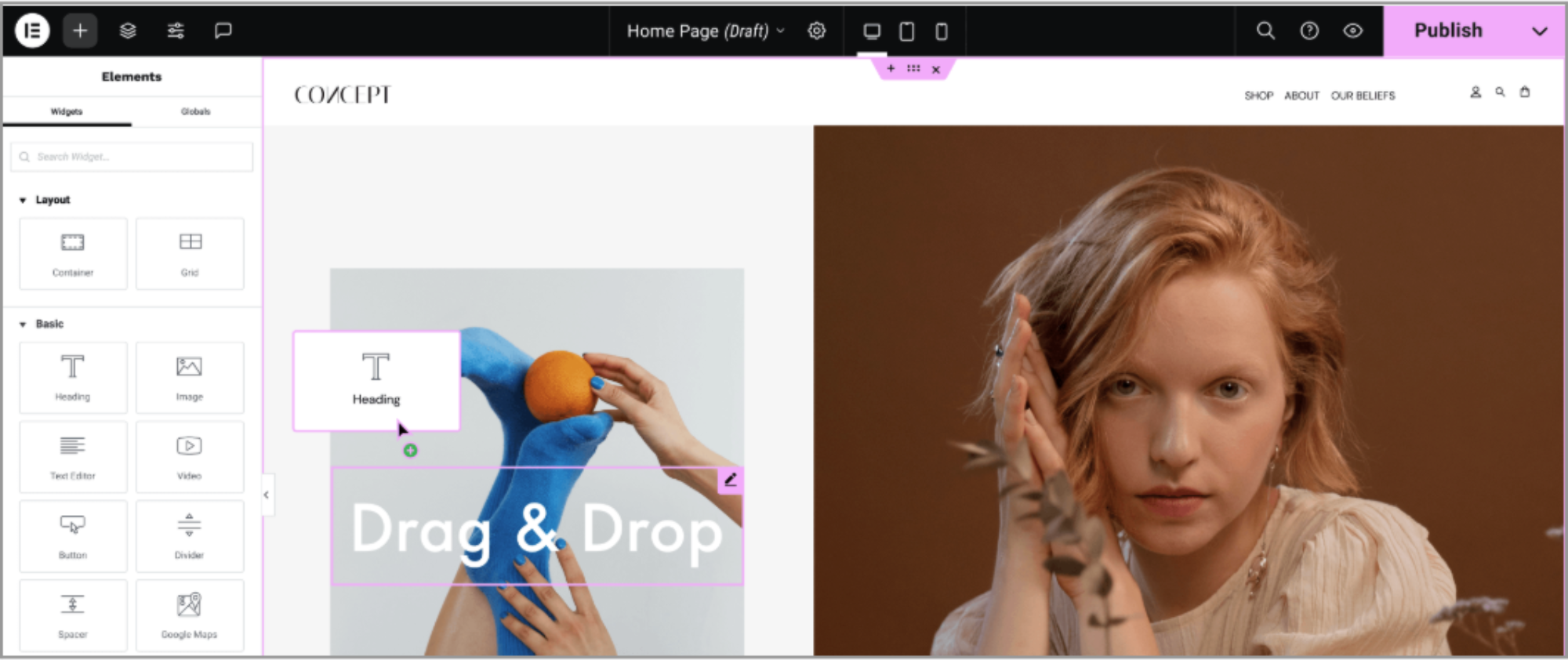 Screenshot of a heading element being dragged to a position above an image in a page layout.