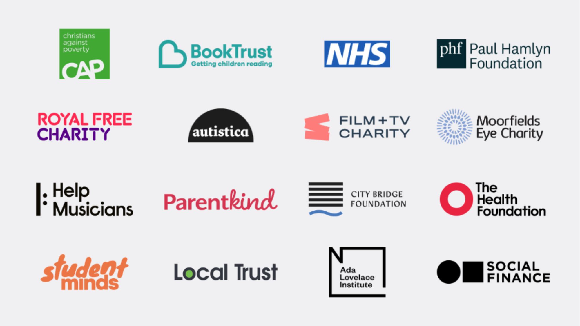 Logos for CAP (Christians Against Poverty), BookTrust, NHS, Paul Hamlyn Foundation (PHF), Royal Free Charity, Autistica, Film and TV Charity, Moorfields Eye Charity, Help Musicians, Parentkind, City Bridge Foundation, The Health Foundation, Student Minds, Local Trust, Ada Lovelace Institute and Social Finance.