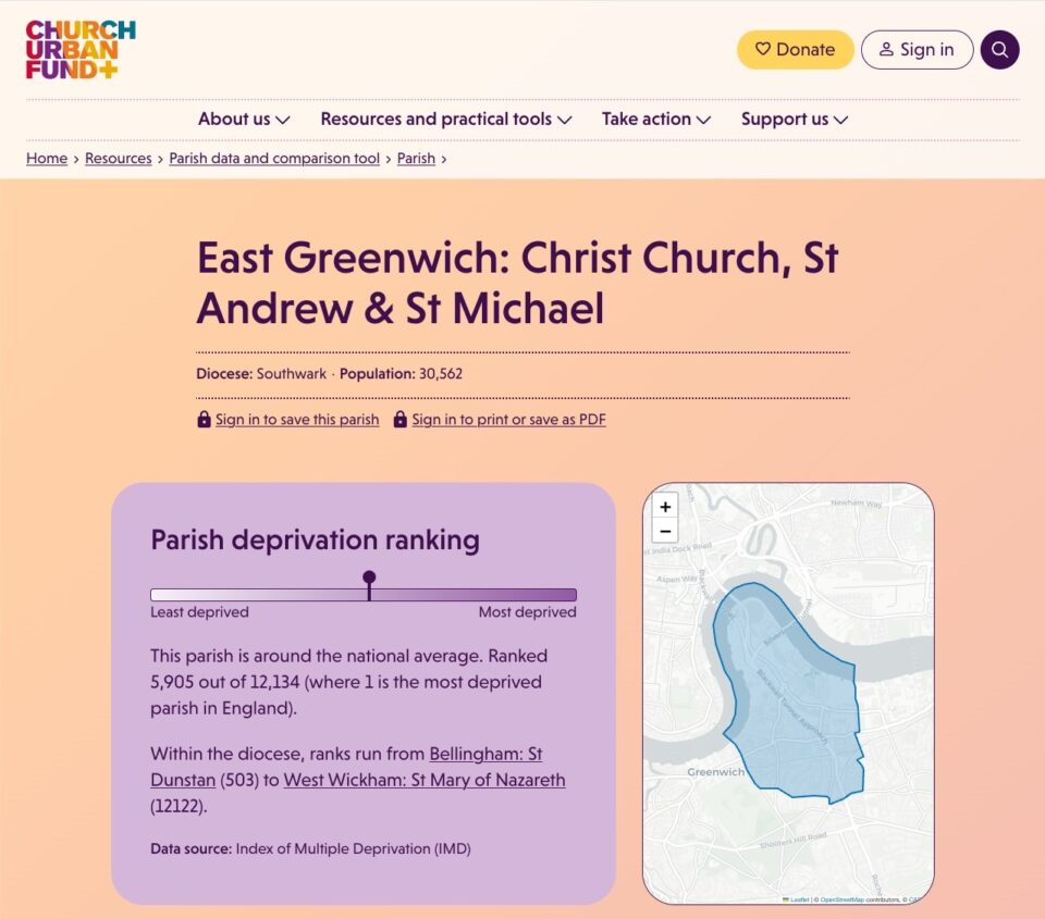 Web page for Church Urban Fund showing data for East Greenwich: Christ Church, St Andrew & St Michael, with a population of 30,562. Features a "Parish deprivation ranking" widget indicating the parish ranks 5,905 out of 12,134 in England, accompanied by a map outlining the parish boundaries