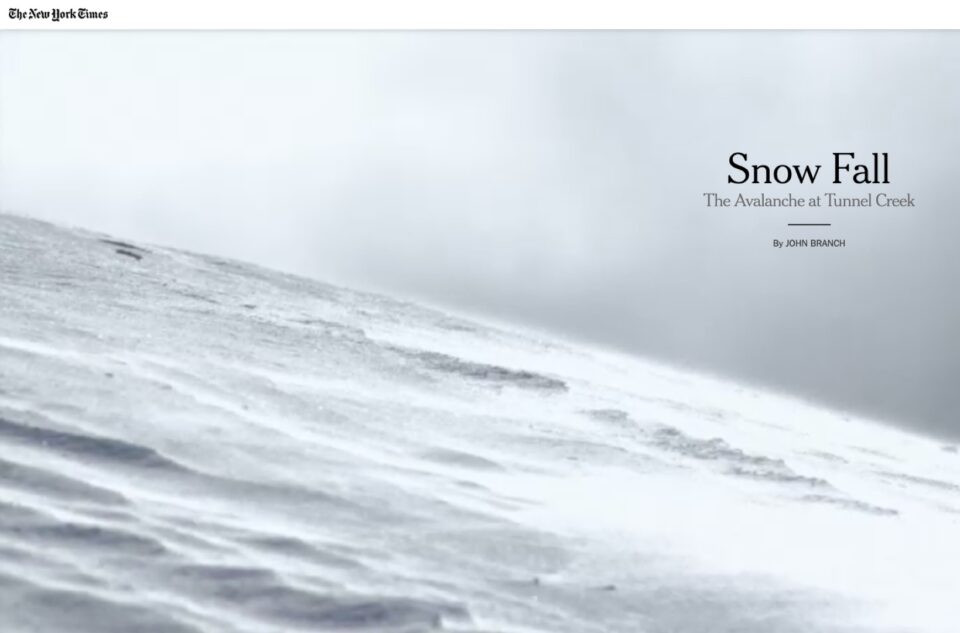 Header image for The New York Times interactive feature "Snow Fall: The Avalanche at Tunnel Creek" by John Branch, showing a wind-swept, snow-covered mountain slope under a gray sky.