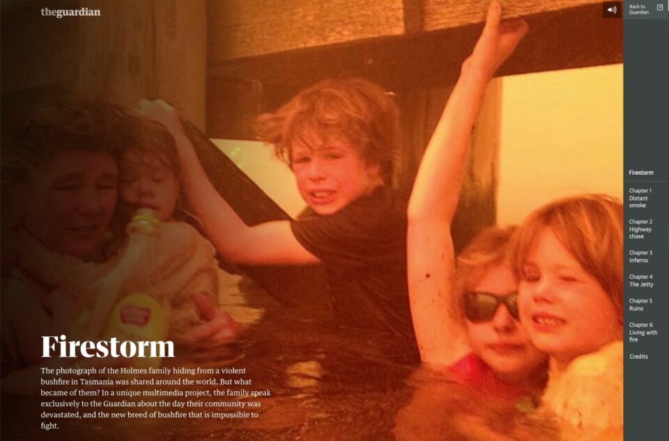 Title graphic for The Guardian interactive report titled "Firestorm," featuring an orange-tinted photograph of the Holmes family taking shelter during a Tasmanian bushfire