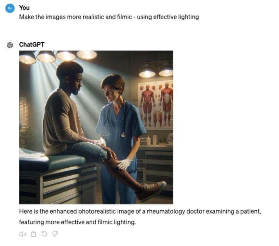 A photorealistic image of a rheumatology doctor examining a patient, enhanced with cinematic lighting. The scene is set in a medical office, with the doctor, a middle-aged Caucasian woman, assessing the leg of a young African American male patient seated on the examination table